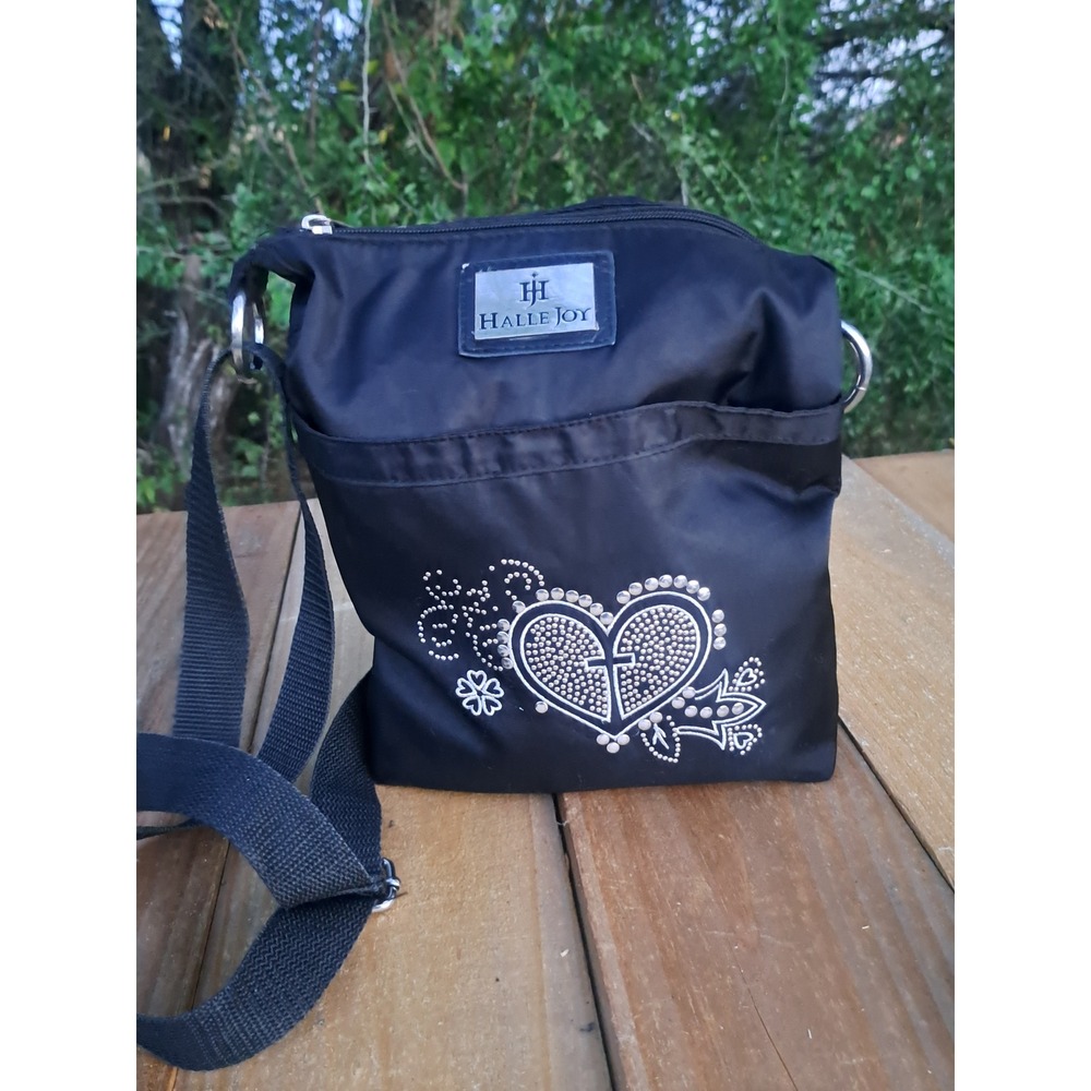 Halle Joy Black Nylon Crossbody Bag Rhinestone Heart Cross Faith Floral Small